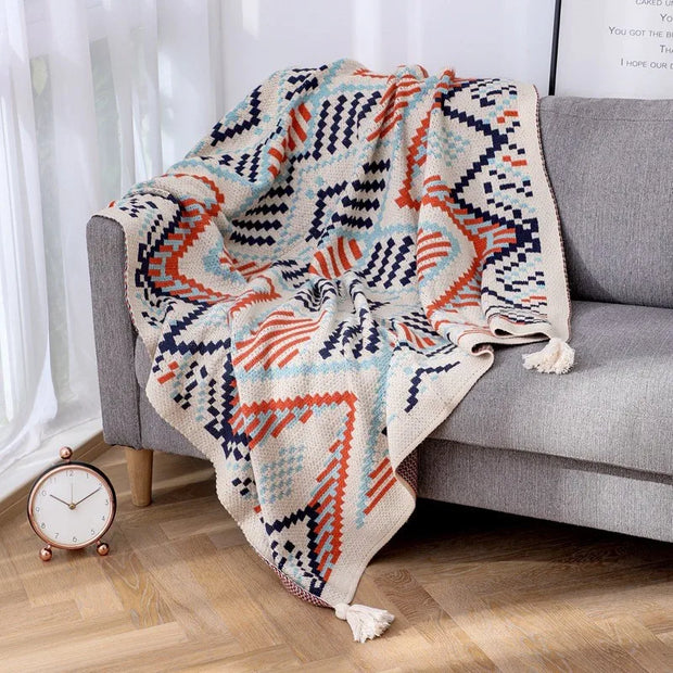 Boho Woven Throw Blanket – Colourful Geometric Pattern with Tassels