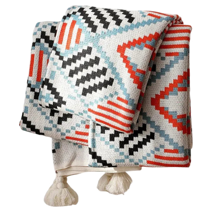 Boho Woven Throw Blanket – Colourful Geometric Pattern with Tassels